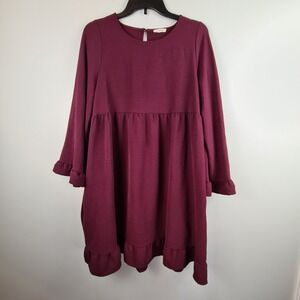 Cotton Bleu Long Sleeve Burgundy Dress Medium Fit And‎ Flare Pockets Casual